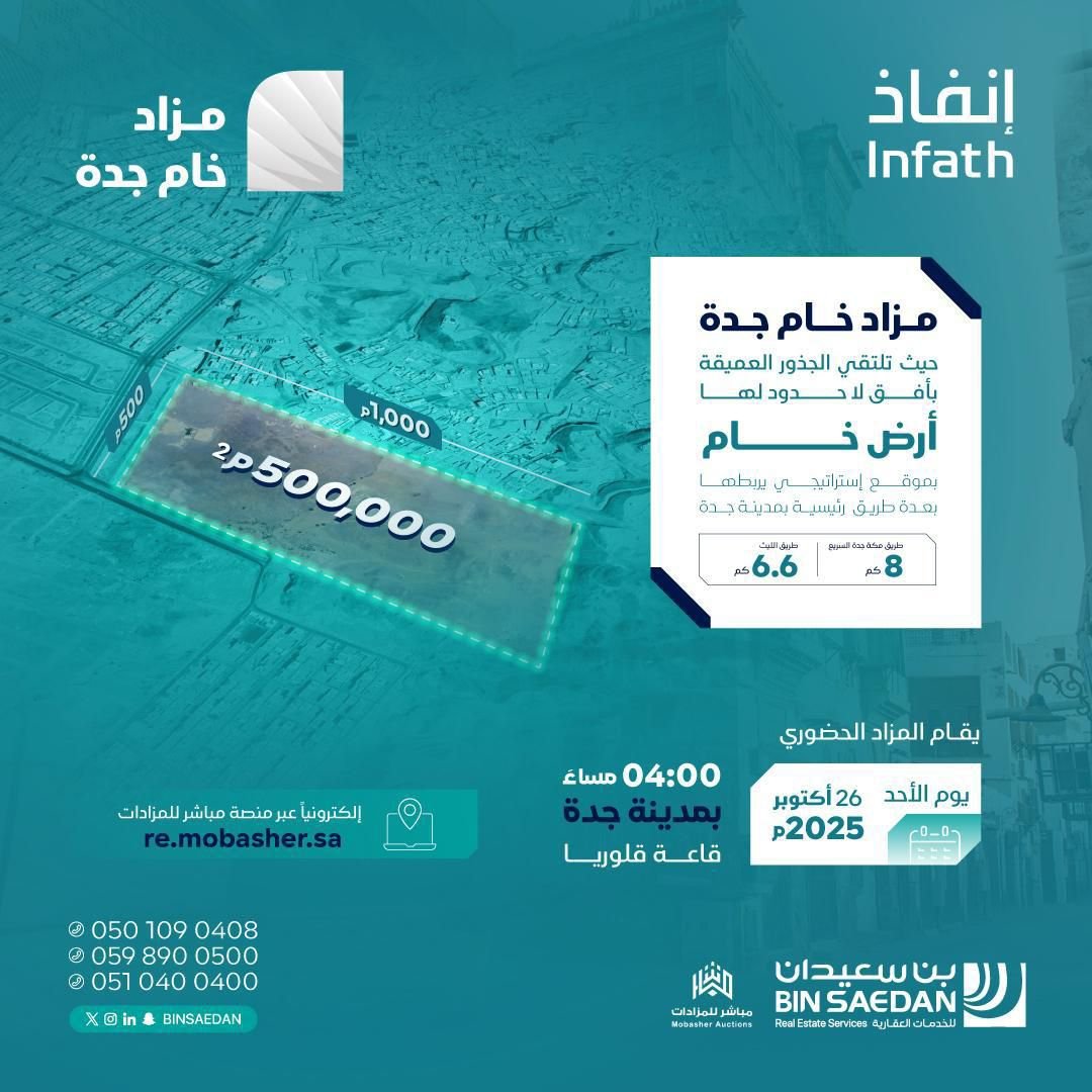 أرض خام بمساحة 500 ألف م2 في حي الأجاويد بجدة تُعرض في مزاد "خام جدة" المدمج