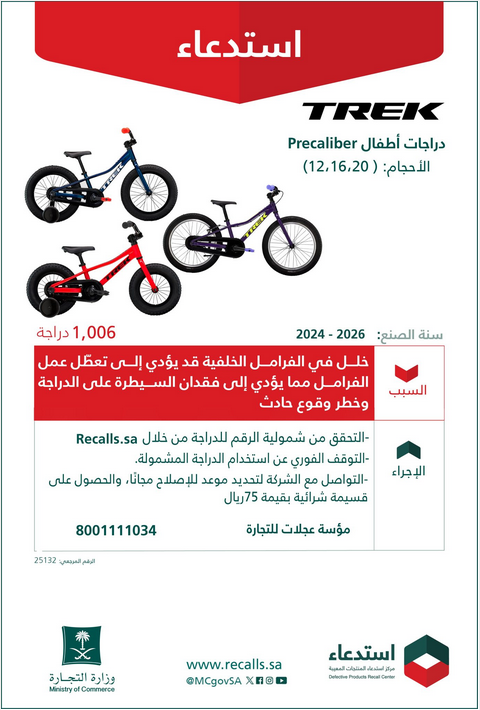 تحذير عاجل من "التجارة": استدعاء 1,006 دراجات أطفال "Precaliber" لخلل بالفرامل