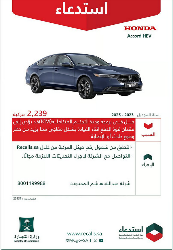 التجارة تستدعي 2,239 مركبة «هوندا أكورد هايبرد» لخلل قد يؤدي إلى فقدان قوة الدفع