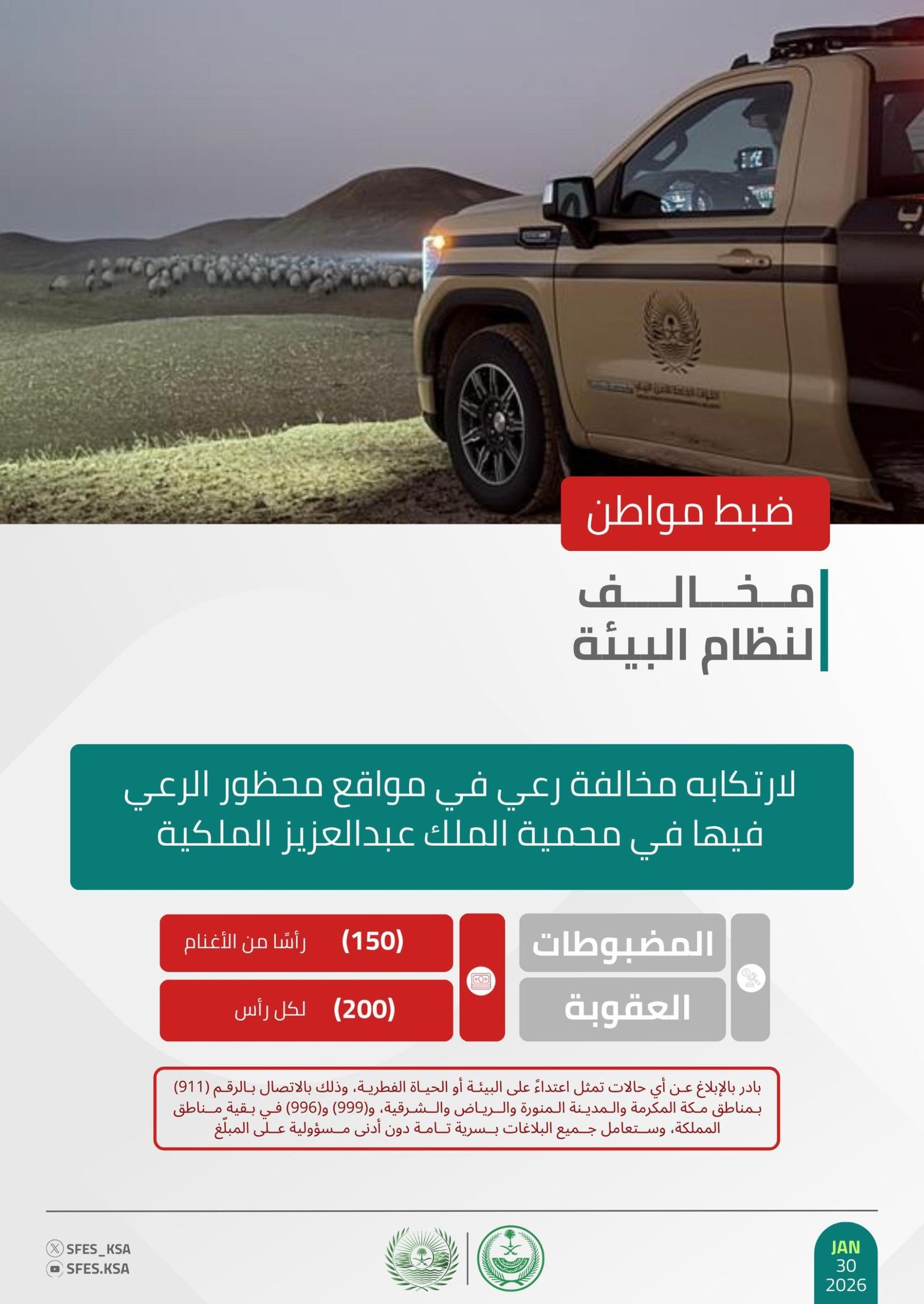 القوات الخاصة للأمن البيئي تضبط مواطنًا مخالفًا لنظام البيئة لارتكابه مخالفة رعي في محمية الملك عبدالعزيز الملكية