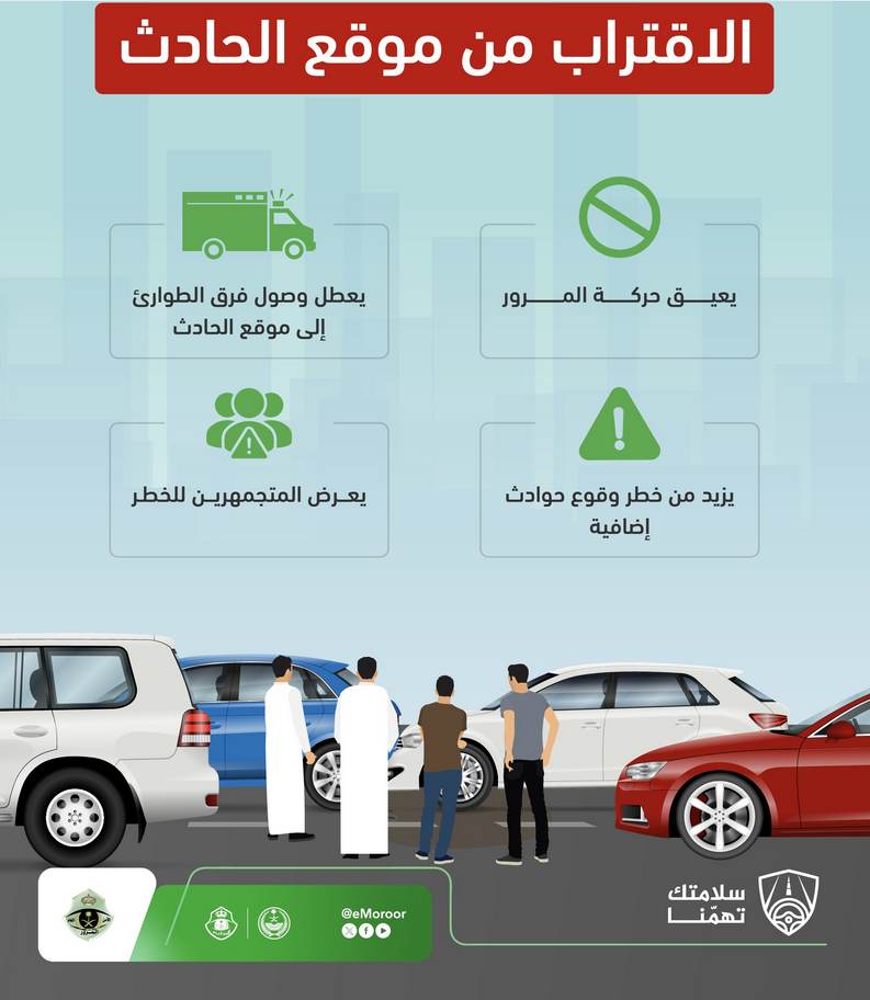 المرور يحذر: التجمهر عند الحوادث المرورية يعرقل الإنقاذ ويهدد الأرواح