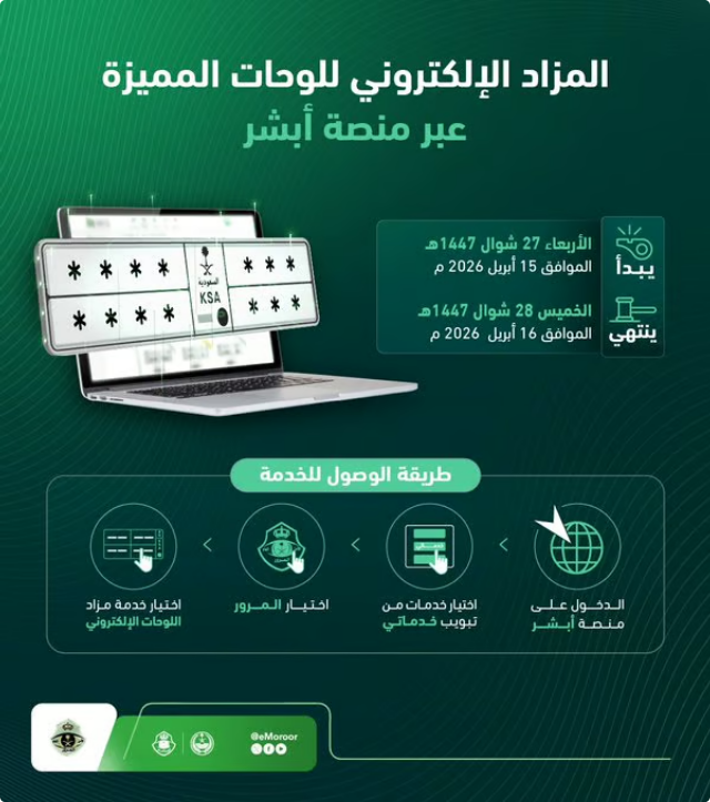 المرور يطلق مزاد اللوحات المميزة إلكترونياً عبر «أبشر» حتى الخميس