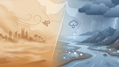 الأرصاد يُنبّه من أتربة مثارة على شرورة وأمطار غزيرة مع برد وسيول على 14 محافظة بجازان
