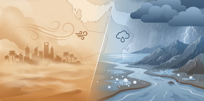 الأرصاد يُنبّه من أتربة مثارة على شرورة وأمطار غزيرة مع برد وسيول على 14 محافظة بجازان