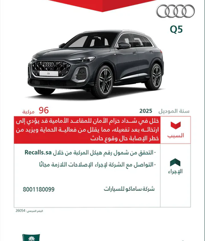 المناطق 1, «التجارة» تستدعي 96 مركبة «أودي Q5» موديل 2025.. خلل في شداد حزام الأمان قد يزيد خطر الإصابة «التجارة» تستدعي 96 مركبة «أودي Q5» موديل 2025.. خلل في شداد حزام الأمان قد يزيد خطر الإصابة